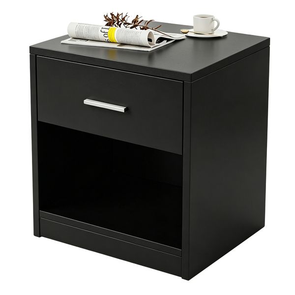 Modern White Bedside Table Nightstand with Drawer and Open Shelf Storage
