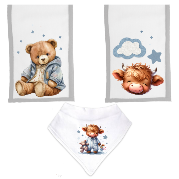 Baby-3 Piece Burp Cloth and Bandana Bib Gift Set-Highland Cow Boy