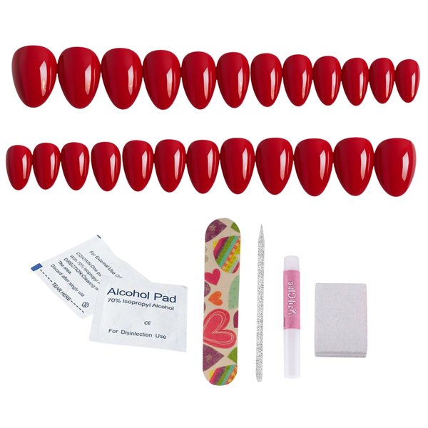 Handmade Red Short Almond Press-On Nails - 24 Nails + Application Kit