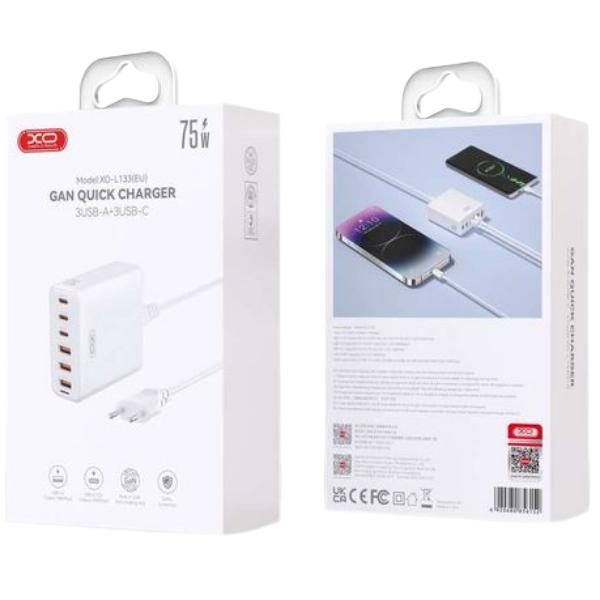 75W GaN Quick Charger 3 USB-A 3 USB-C Multi-Port Adapter- C-L133