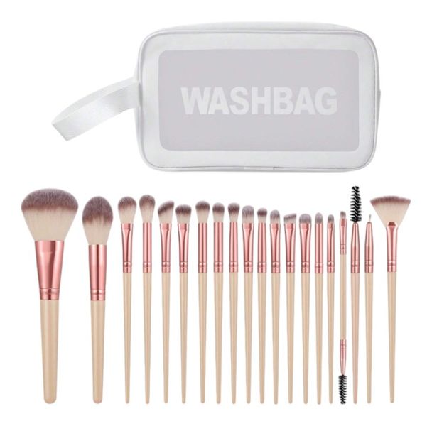 20 Piece Makeup Brush Collection With Travel Makeup Bag - Beige &amp; Rose Gold