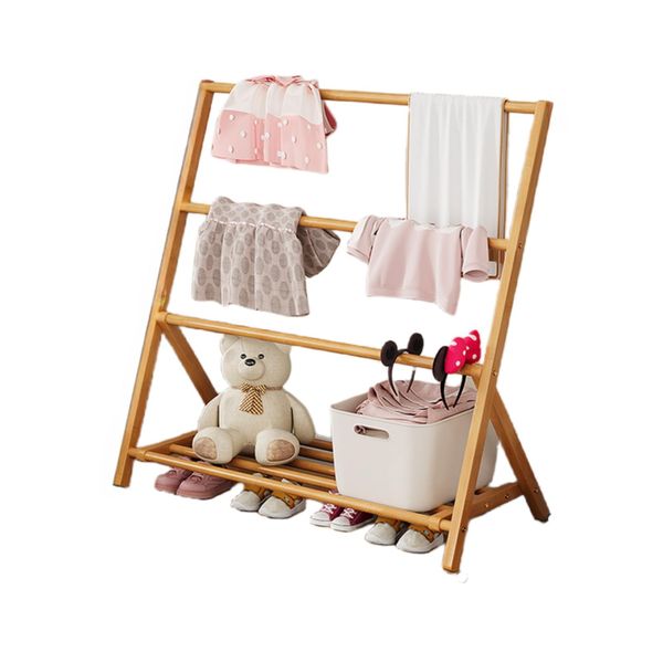 Double Clothes Rack with Shelves, Bamboo Clothing Storage Towel Rack