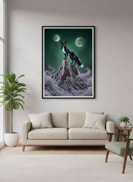 Ready to Hang Contemporary Art - Luminous Obsidian Fox &amp; Jade Moon Peak