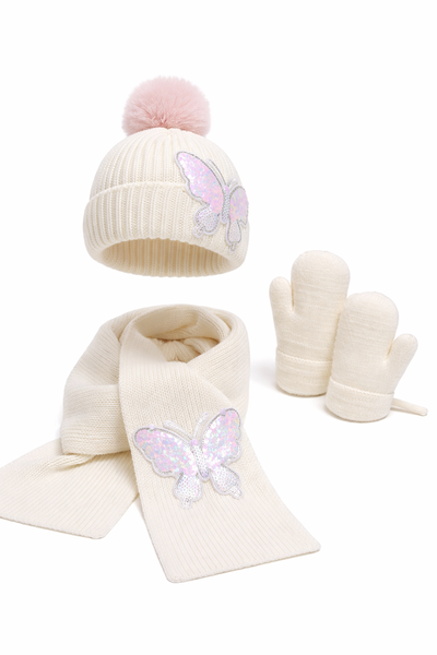 Girls Sequin Bow Beanie, Scarf And Gloves Set, Warm Winter