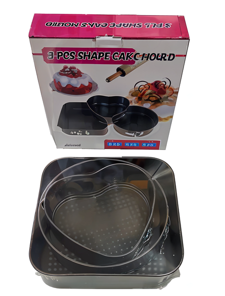 3 Piece Non Stick Shape Cake Mould including a Heart Round and Square cake pan