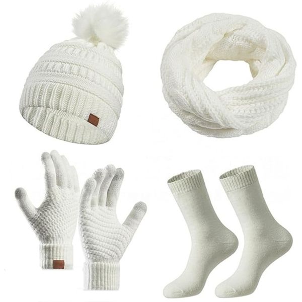 4-in-1 Hat, Scarf, Glove Socks Sets for Women, Winter Beanie, Loop Scarf