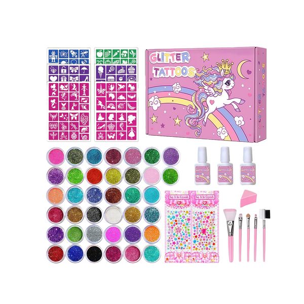 Kingdushi Temporary Glitter Tattoos Kit for Kids&amp; Adult, Arts Make Up Kit