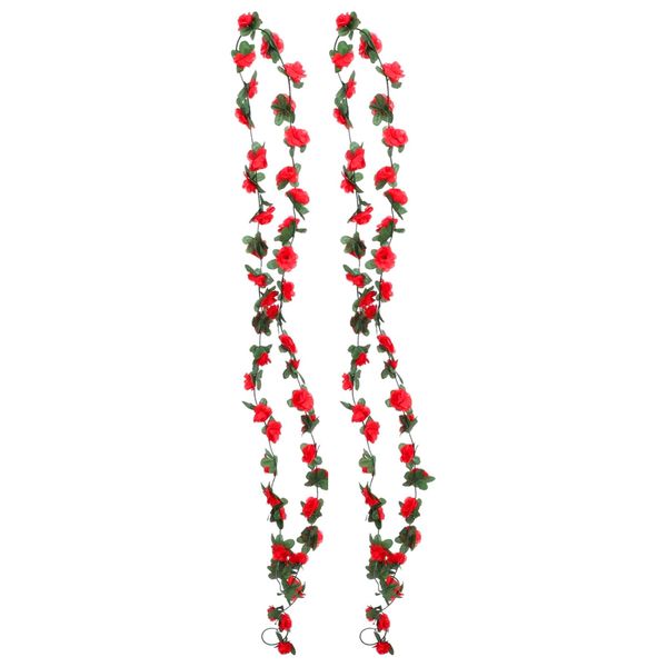 2Pcs 2.3M Artificial Rose Garland - Red Flower Vines with Green Leaves