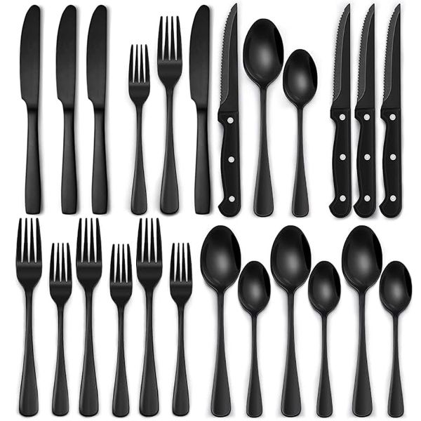 24 Pcs Cutlery Set Stainless Steel Black with Steak Knives for Home Dining