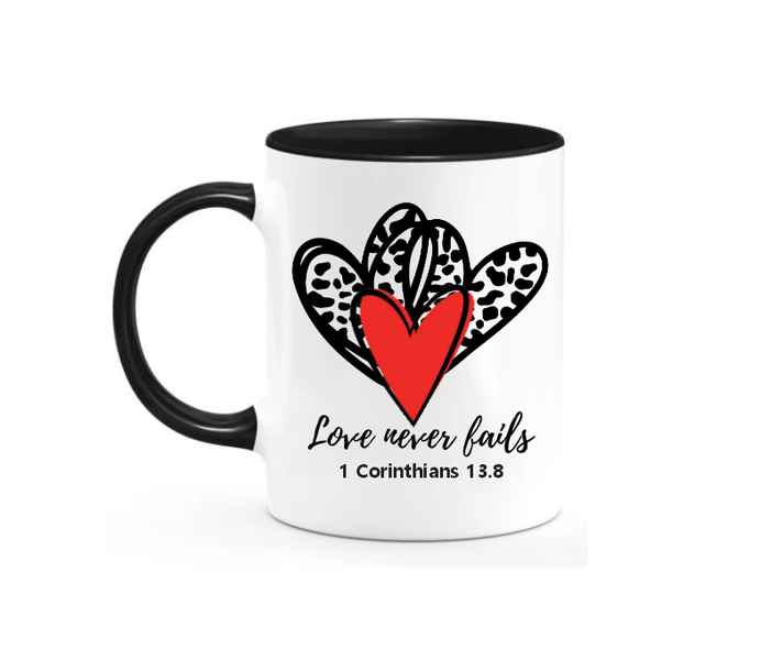 Love Never Fails Coffee Mug - Two Tone Black and White
