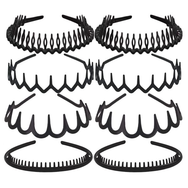 QYNIAL 8 PCS Fashion No-Slip Plastic Headbands with Teeth Comb, Matte Black