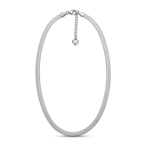 Silver Herringbone Chain Necklace - Flat Snake Chain with Heart Charm