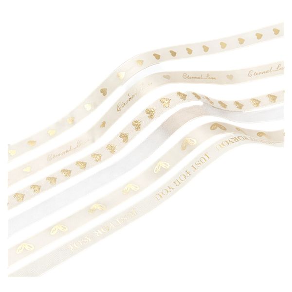 Elegant Cream &amp; White Gold Foil Heart Ribbon Set - Decorative Gift Wrapping