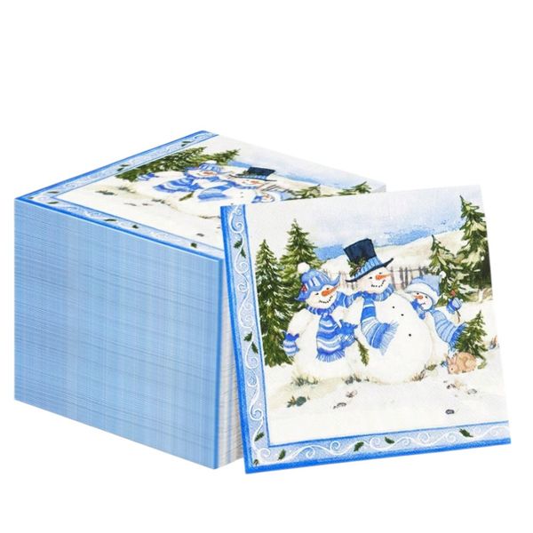60 Piece Festive Snowman Disposable Serviettes- Blue