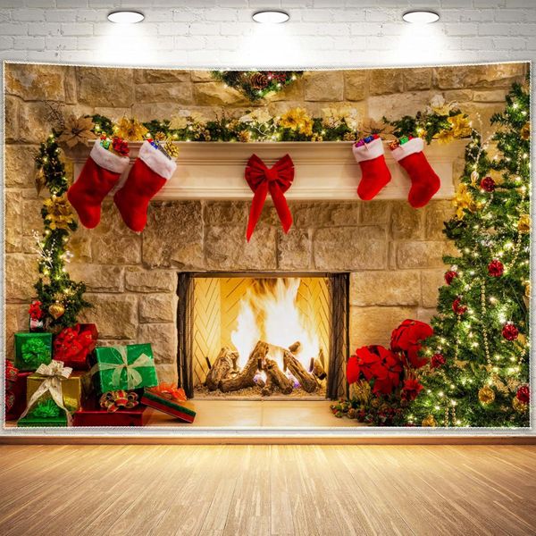 Christmas Fireplace for Xmas Party Supplies Photo Background Pictures
