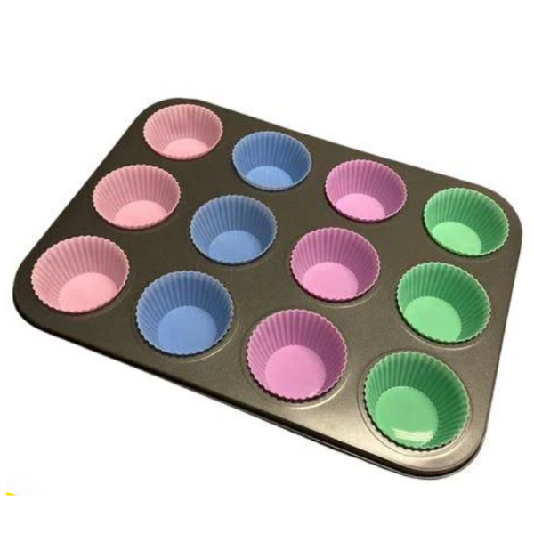 12 Piece Silver Aluminum Muffin Pan with Silicone Cups