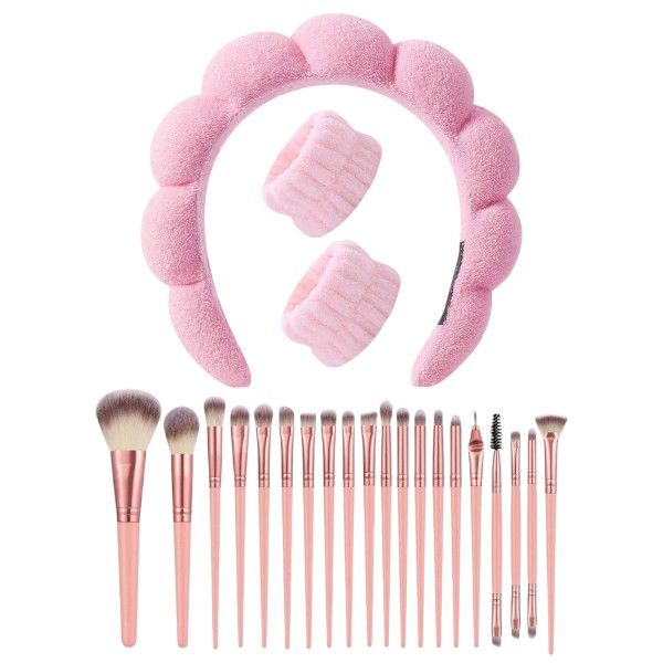 20 Piece Makeup Brush Set With Plush Headband &amp; Wristbands - Black