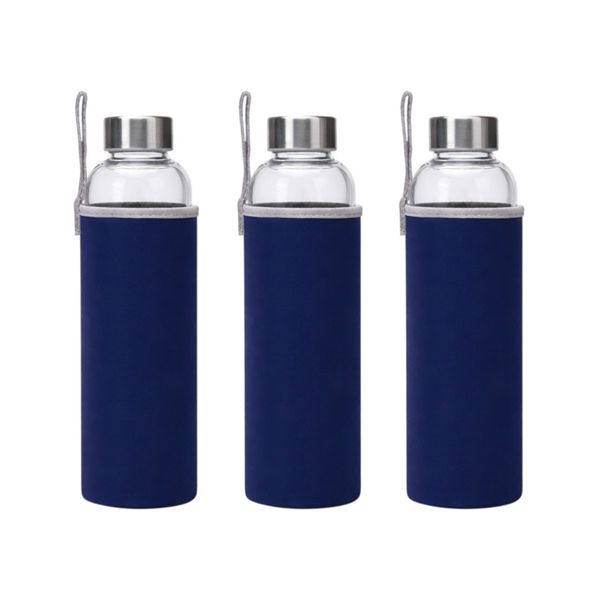 3 Pack - Borosilicate Glass Water Bottle 550ml - Blue