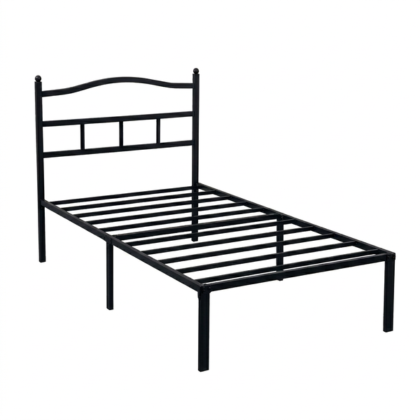 Black Metal Single Bed Frame with Headboard Sturdy Steel Slats 190x90cm