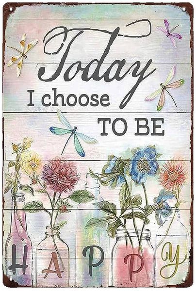 Vintage Dragonfly Flower Tin Sign - "Choose Happiness" Gift