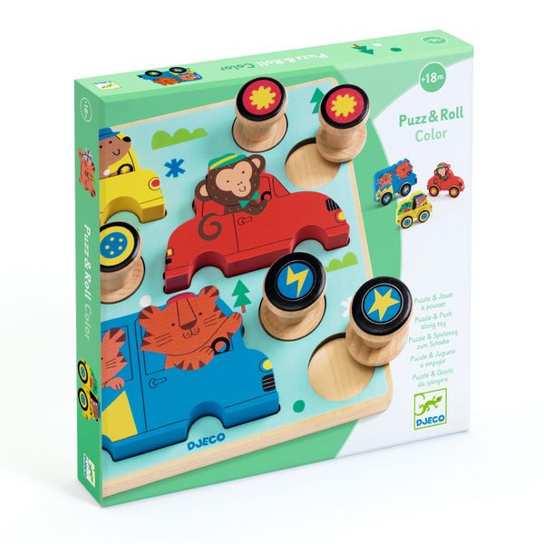 Djeco Puzz &amp; Roll 2-in-1 Wooden Puzzle and Rolling Toy - Colour Match
