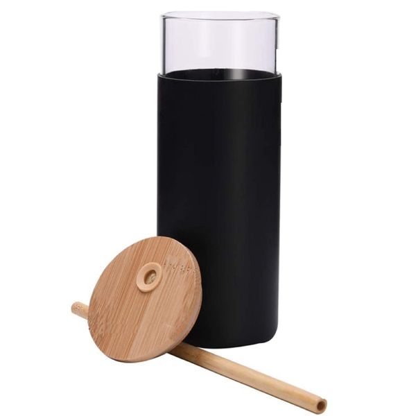 Home Glass Water Bottle Boba Bubble Tea Cup With Bamboo Lid &amp; Straw (500ml)