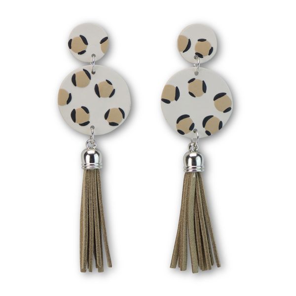 Ginger Handmade -Leopard Print -Fringe Accents -Polymer Clay -Cream &amp; Beige