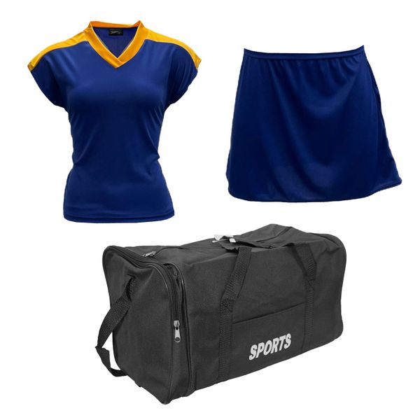 Netball Top/Skirt Kit Set for Women's Team of 10 - Royal Blue/Yellow &amp; Bag