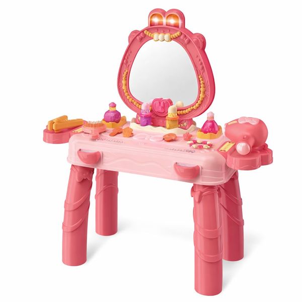 Kids Make-Up Desk Pretend Beauty Dressing Table with Accessories (Pink)