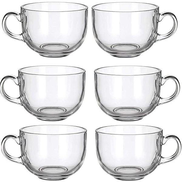 Large Glass Mugs With Handle For Coffee, Tea, Soup - Set of 6x410ml