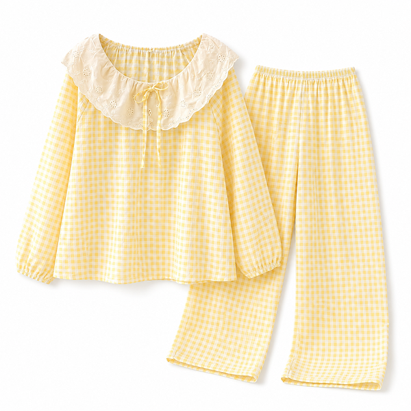 Women's Cute Yellow Plaid Pajama Set