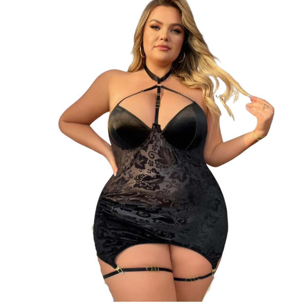 Plus Size Lingerie Set - Soft Fitted Babydoll + Leg Rings and Choker - Black Velvet