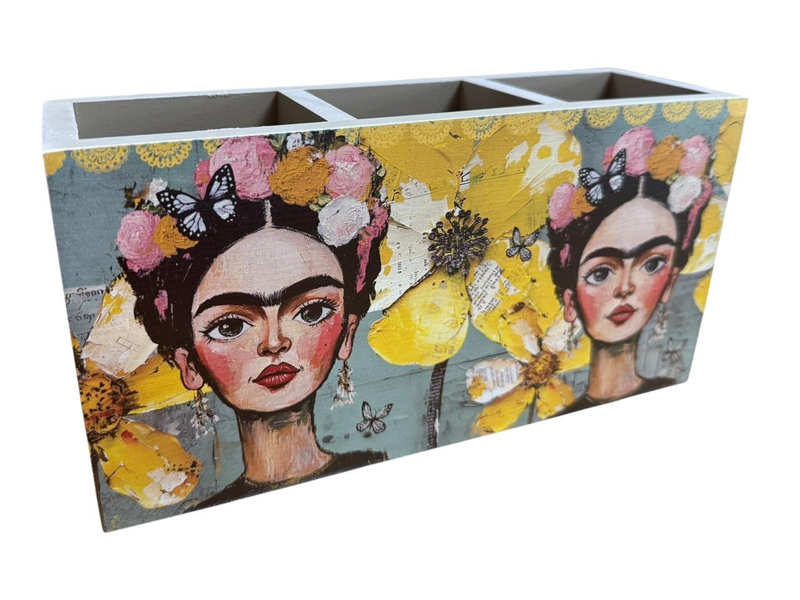 Cutlery/Stationary Holder - 2 Ladies, Yellow Flowers on Green