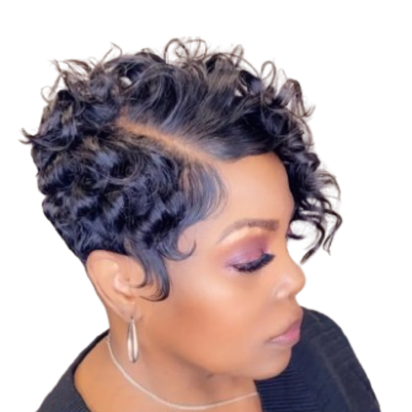 Prestyled Brazilian Hair Curly Pixie Wig.
