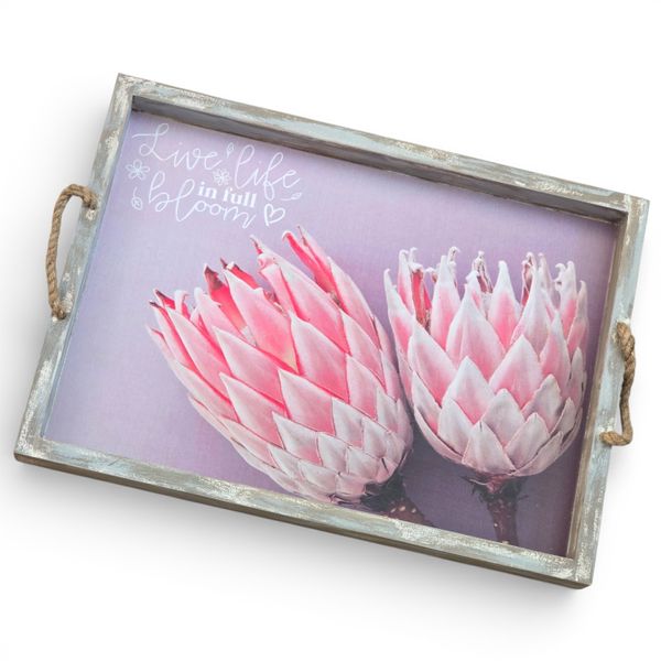 Rustic Wooden Serving Tray with Rope Handles - Protea &amp; Inspirational Quote