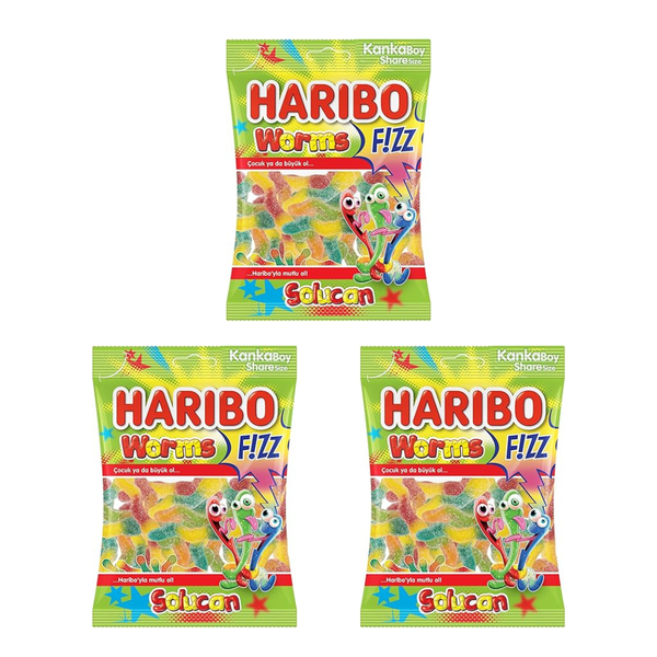 Haribo Sour Worms Fizz 80g x 3 Pack Bundle - Chewy Fruit-Flavoured