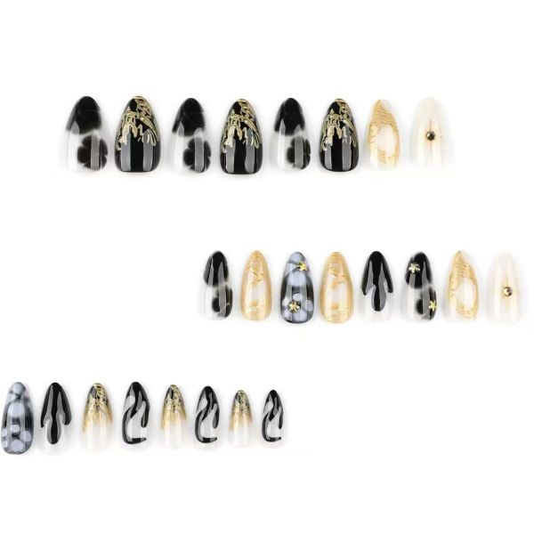 Medium Length Almond Press On Nails 3D Gold French Tip Stars Design