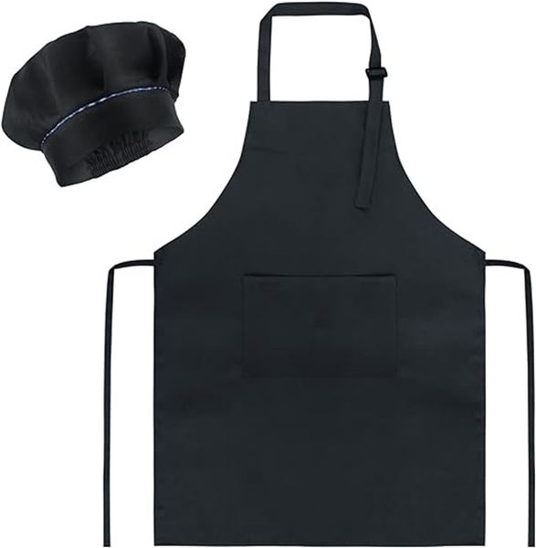 Black 2 Piece Apron &amp; Baking Hat for a little Chef (for children)