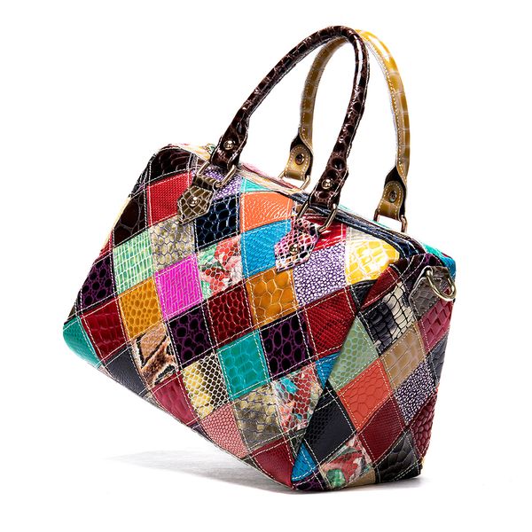 Women's Genuine Leather Handmade Colorful Woven Patch Handbag Shoulder Bag