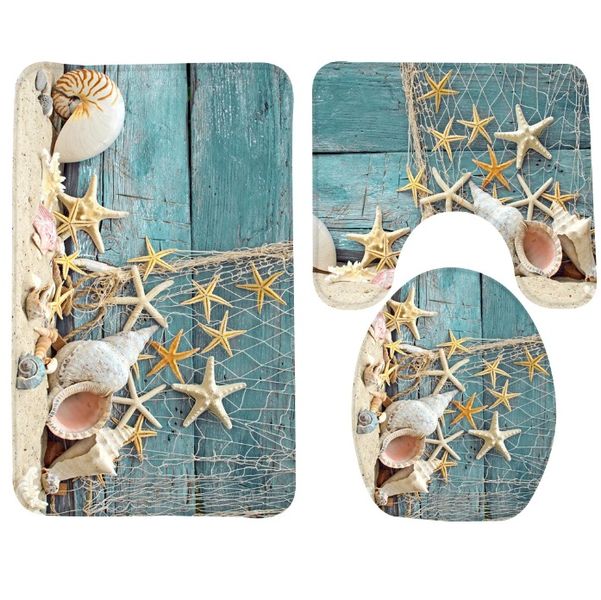 3 Piece Bathroom Toilet Seat &amp; Floor Mats Set - Sea Shells