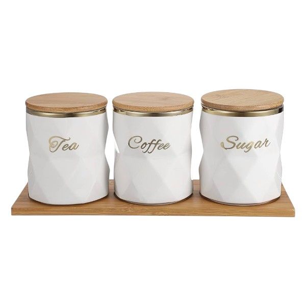 3-Piece Diamond Design Porcelain Canisters With Tray - Black