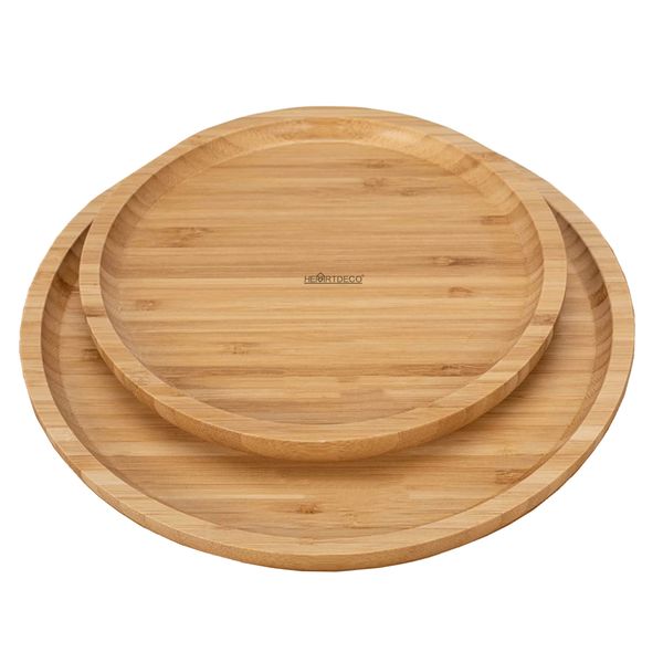 Heartdeco 2 Pieces Round Bamboo Food Serving Platter Tray