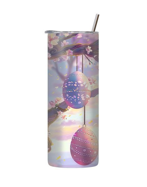 Pink Tree 20 Oz Tumbler with Lid Straw Trendy Easter Bunny Egg Graphic 181