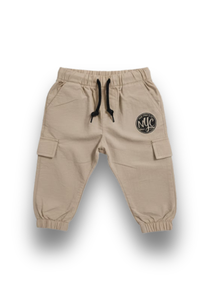 Boys Beige Polyester Cargo Joggers with Black Logo - Elasticated Cuff