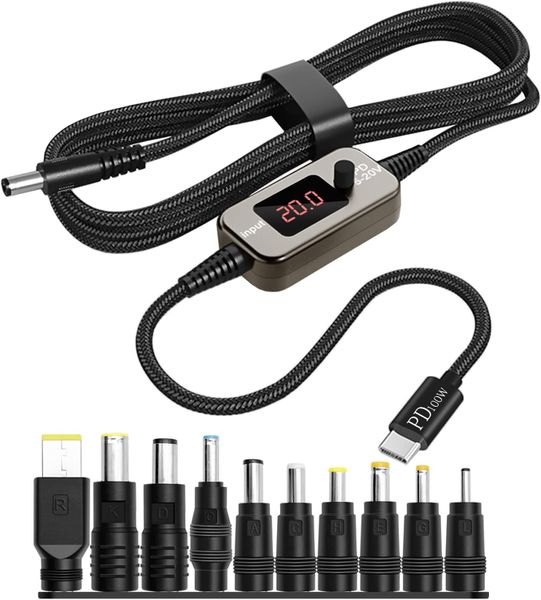 USB-C to DC Adapter Cable 100W- Multi-Voltage Output (5V/9V/12V/15V/20V)-GC