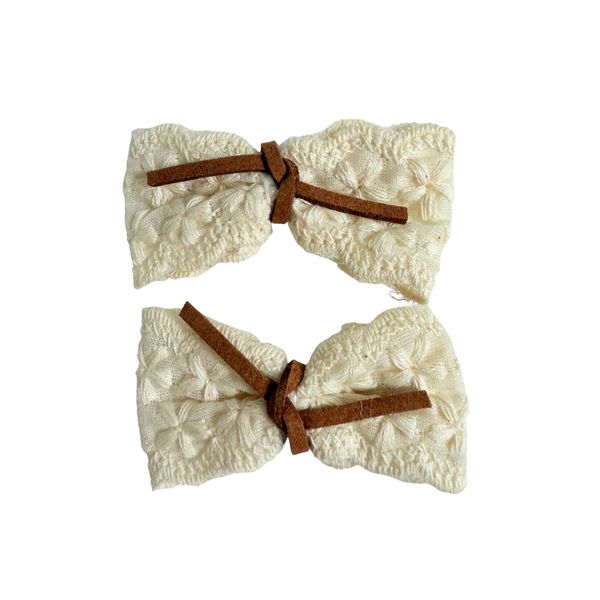White Tan Knot Bow Hair Clip Neutral Everyday Hair Accessory - Set of 2