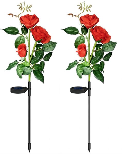 2 Pack 3 Heads Solar Garden Stake Lights, Outdoor Solar Rose Flower Lights