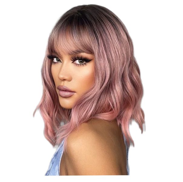 Synthetic 16 Inch Ombre Pink Wavy Wig with Fringe