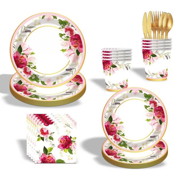 Floral Disposable Party Tableware Decorations Supplies- Serve 25 Guests