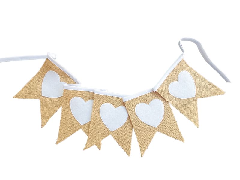 Bunting Felt White Hearts Hessian/Burlap